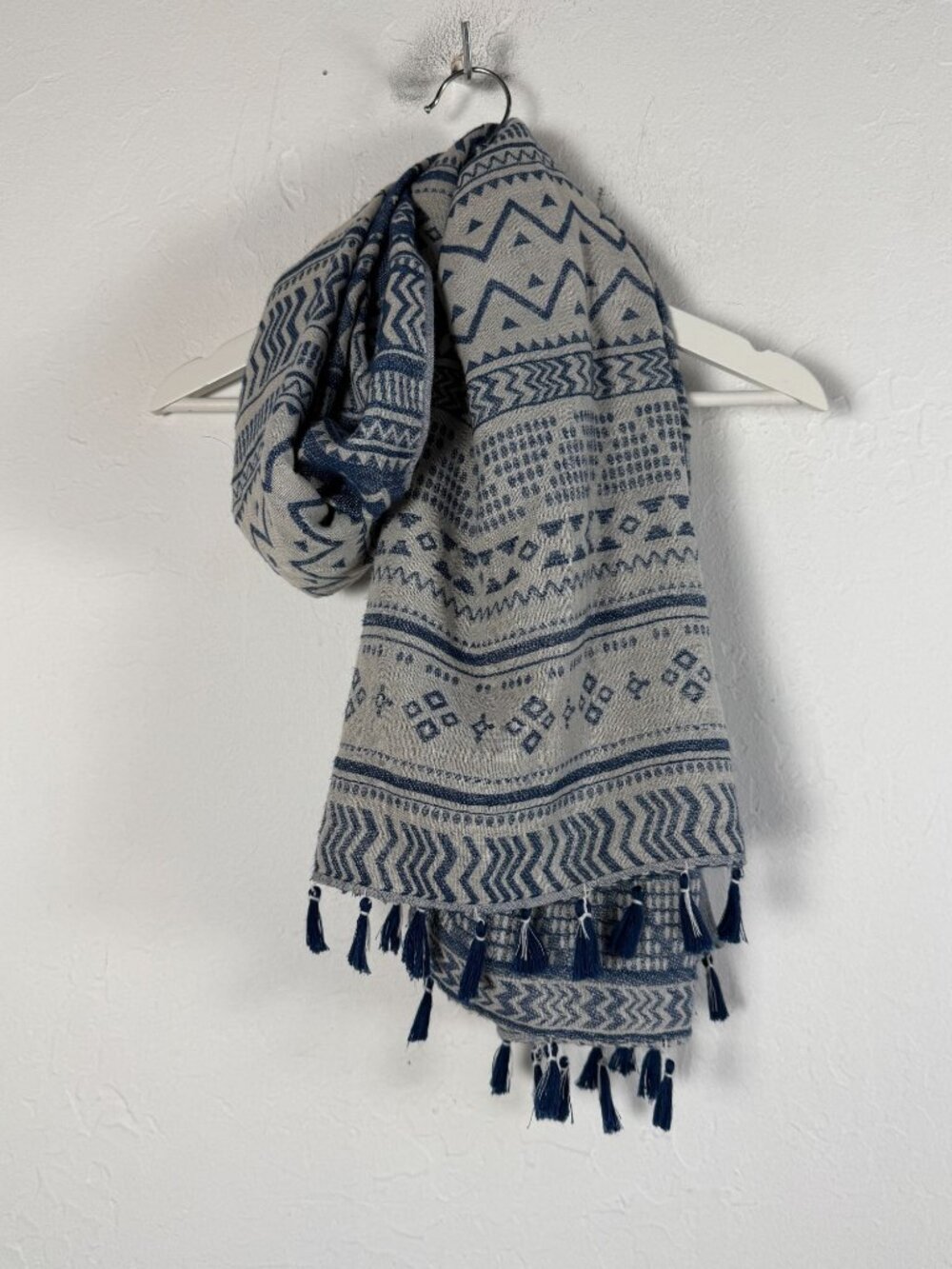 Springfield Tribal Aztec Scarf Navy Gray Tassels Boho Wrap Scarf 68x27